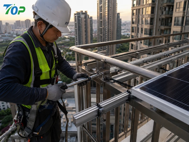 EPC technicians installing SUS304 balcony solar hooks on a high-rise residential photovoltaic balcony system using non-penetrating railing clamps