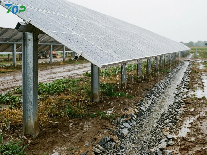 Rainwater runoff flowing from agrivoltaic solar panels into engineered drainage channel